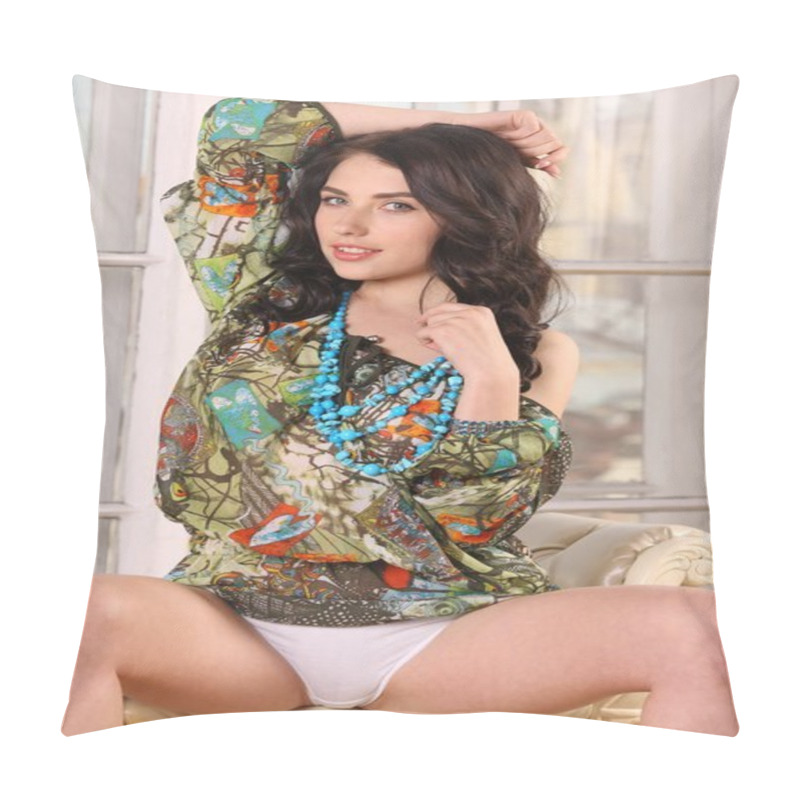 Personality  Adorable Sexy Brunette Girl Sitting Near The Old Window. Beautiful Attractive Female Body In A Green Blouse And With Bare Legs. Pillow Covers