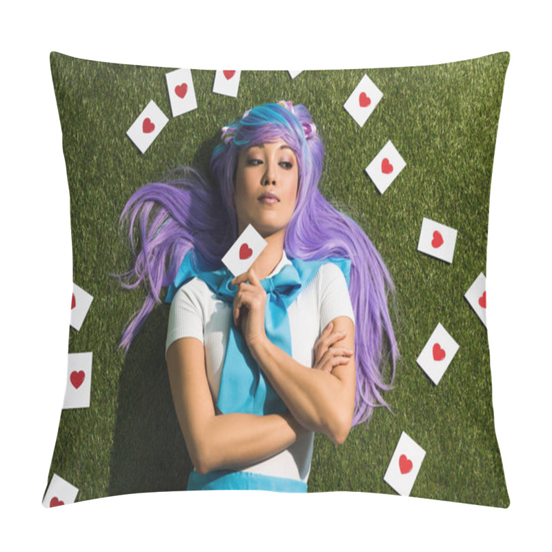 Personality  Top View Of Asian Anime Girl With Cards Lying On Grass Pillow Covers