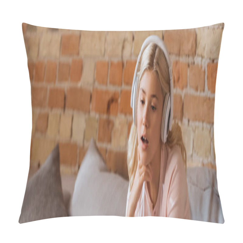 Personality  Panoramic Shot Of Dreamy Kid In Headphones Sitting On Couch  Pillow Covers