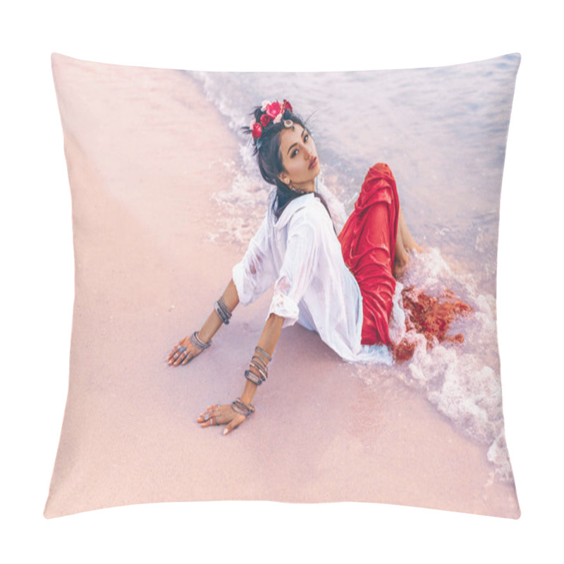 Personality  Beautiful Young Stylish Boho Woman On The Beach At Sunset Pillow Covers