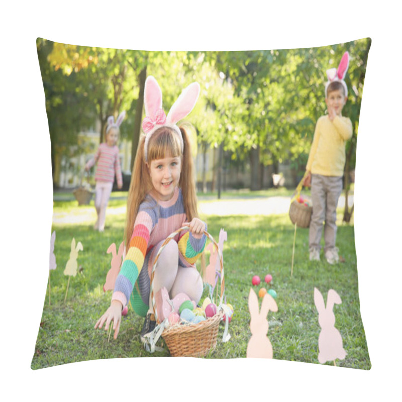 Personality  Cute Little Children Hunting Eggs In Park. Easter Tradition Pillow Covers