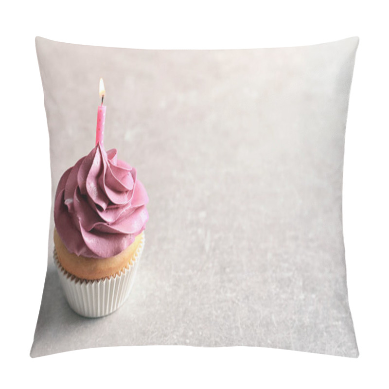 Personality  Delicious Birthday Cupcake With Burning Candle On Table Pillow Covers