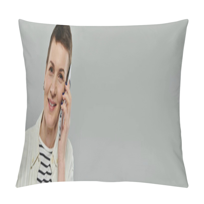 Personality  A Woman With Short Hair Smiles While Talking On Her Phone. Pillow Covers