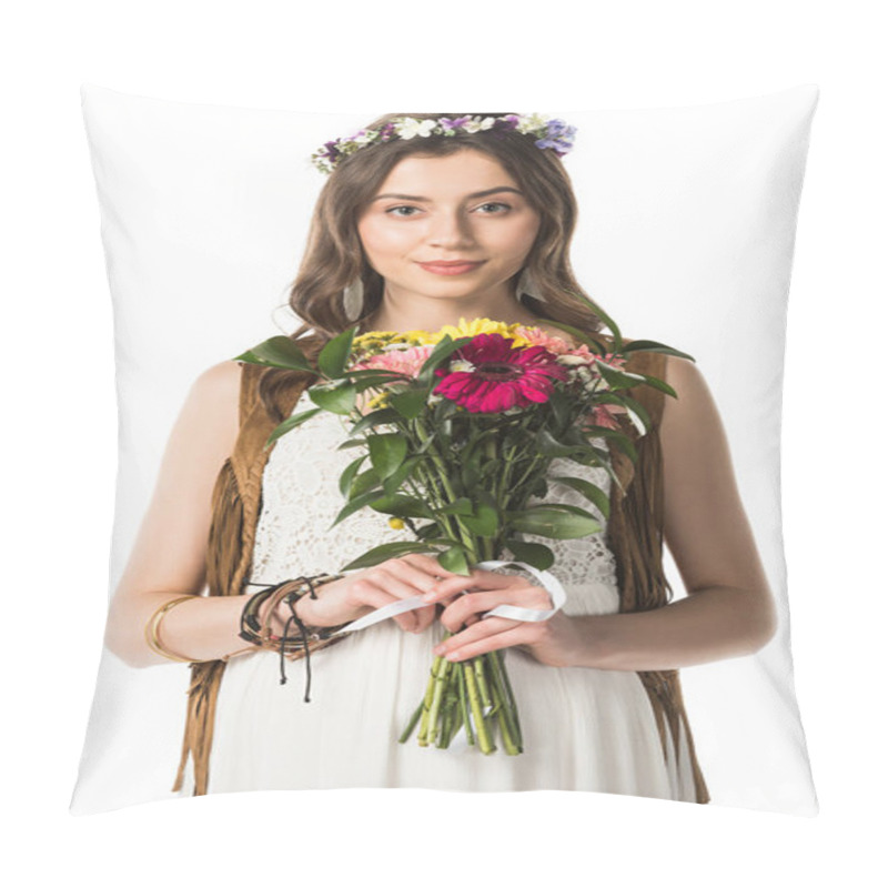 Personality  Front View Of Pregnant Hippie Woman In Wreath Holding Flowers Isolated On White Pillow Covers