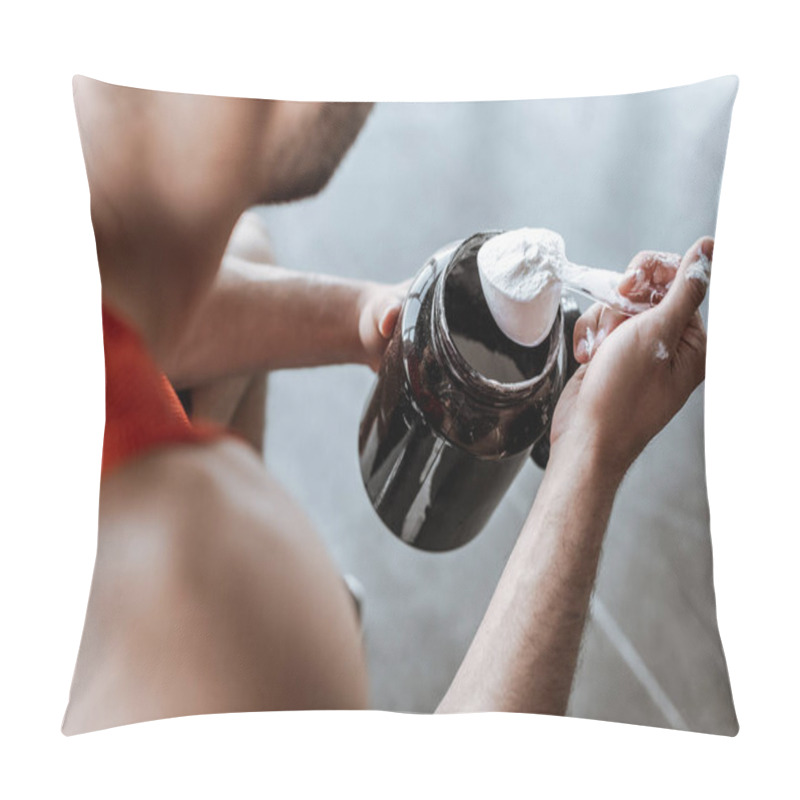 Personality  Cropped View Of Sportsman Holding Jar And Measuring Spoon With Protein Powder  Pillow Covers