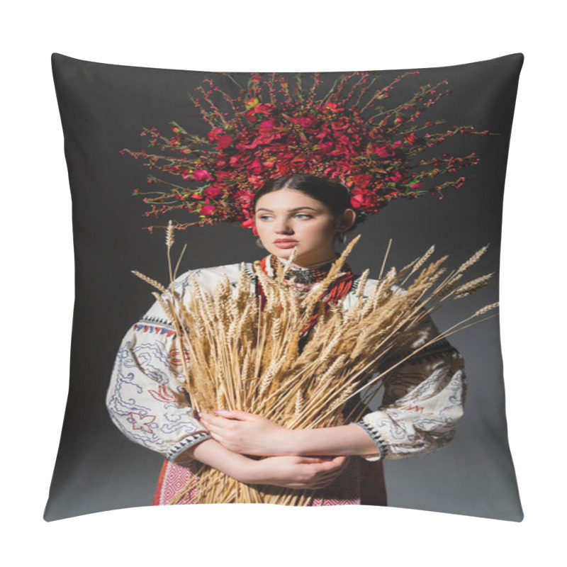 Personality  Ukrainan Woman In Floral Wreath With Red Berries Holding Wheat Spikelets On Dark Grey Pillow Covers