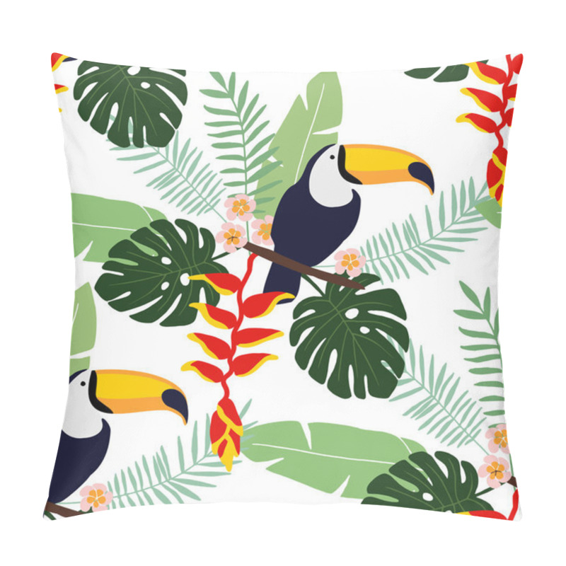 Personality  Tropical Jungle Seamless Pattern With Toucan Bird, Heliconia And Plumeria Flowers And Palm Leaves, Flat Design, Vector Pillow Covers