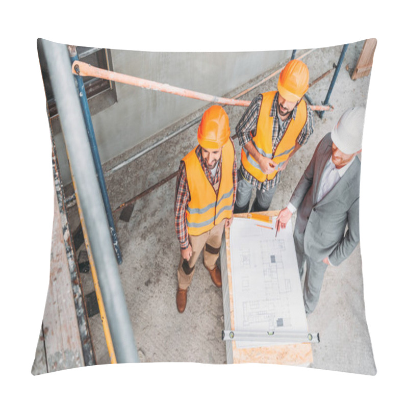 Personality  High Angle View Of Smiling Builders And Architect Discussing Building Plan At Construction Site Pillow Covers