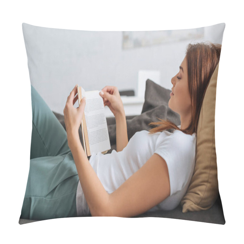 Personality  Side View Of Young Woman Reading Book While Chilling On Sofa In Living Room  Pillow Covers