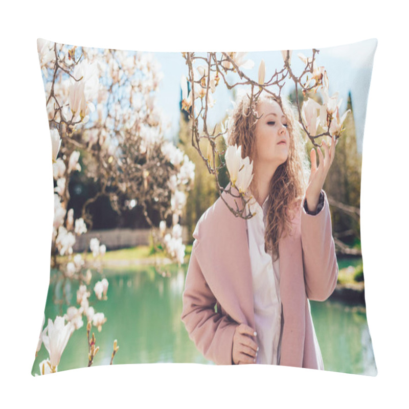 Personality  Attractive Young Woman In A Pink Coat Walking In The Park, Enjoying Fragrant Magnolia, Spring Nature Pillow Covers