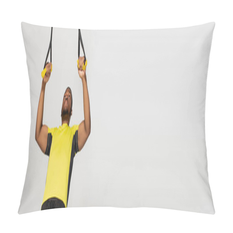 Personality  Strong African American Sportsman Exercising With Resistance Bands Isolated On Grey, Banner Pillow Covers