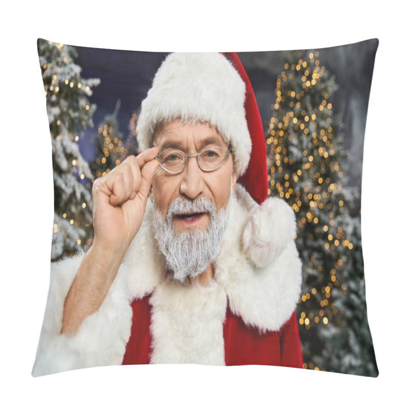 Personality  A Joyful Santa Claus Stands Amidst Snow Covered Trees Glowing With Festive Lights. Pillow Covers