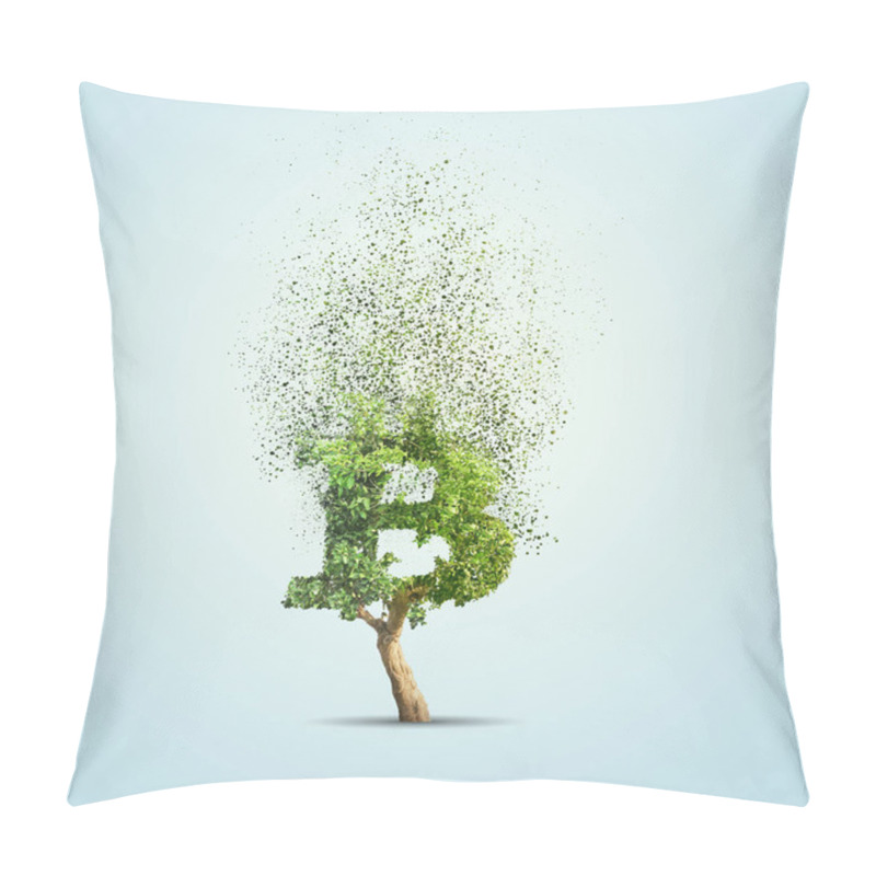 Personality  Green Tree Shaped In Bitcoin Sign Isolated On Blue Background Pillow Covers