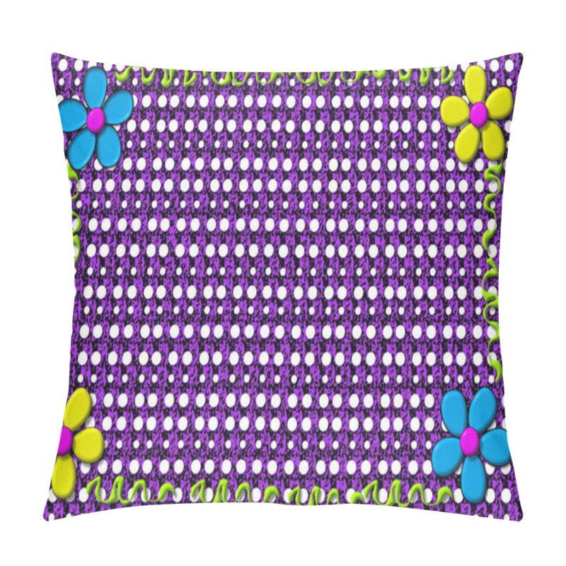 Personality  One Of Five Patterns, This Bright Purple, Patterned Background Is Topped By Large 3D Daisies.  Frame Is Completed With Green Twisting Vines Connecting The Shiny Petalled Flowers. Pillow Covers