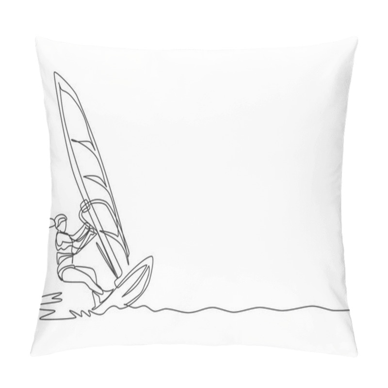 Personality  Single Continuous Line Drawing Of Young Sporty Surfer Woman Play Windsurfing In The Sea. Extreme Dangerous Sea Sport Concept. Summer Holiday Vacation. Trendy One Line Draw Design Vector Illustration Pillow Covers