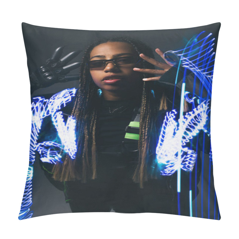 Personality  African American Woman In Glove And Smart Glasses Standing Near Abstract Neon Lights On Grey Background  Pillow Covers