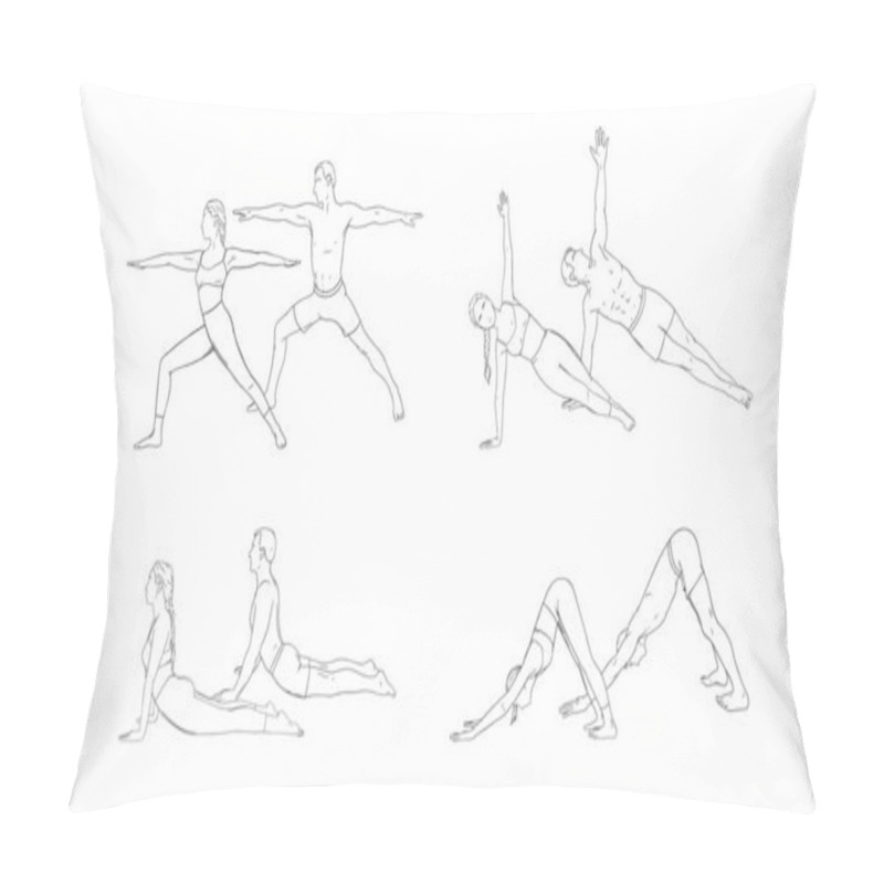 Personality  Yoga Warrior, Dog, Cobra And Side Plank. Woman And Man Practicing Strengthing Yoga Poses. Hand Drawn Vector Illustration Pillow Covers