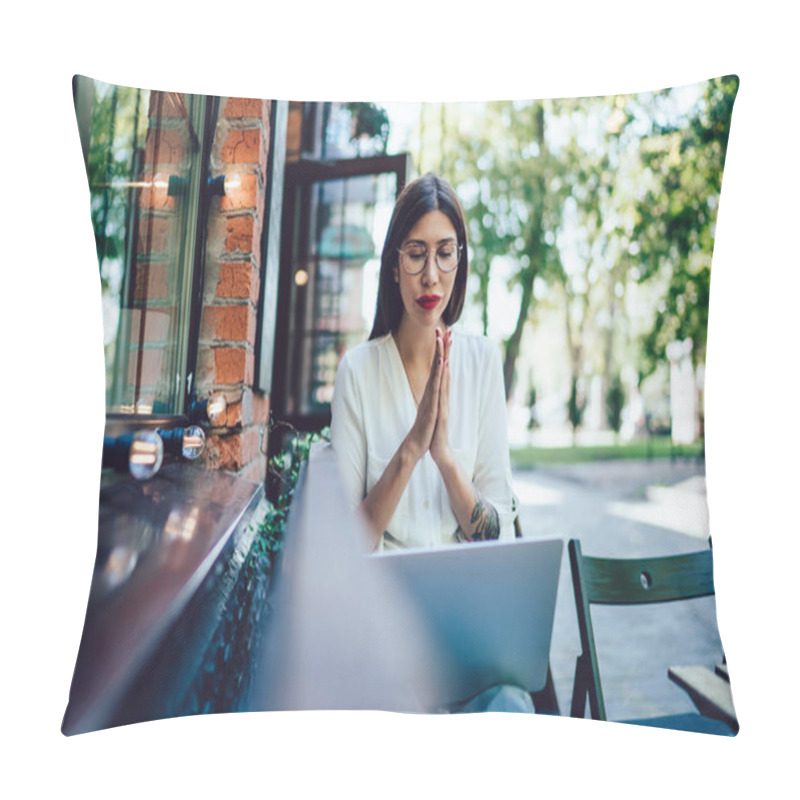 Personality  Skilled Woman In Classic Glasses Waiting For Email Confirmation About Online Web Order Via Laptop Computer, Attractive Woman Checking Blog Statistic During Leisure Time In Coworking Street Terrace Pillow Covers