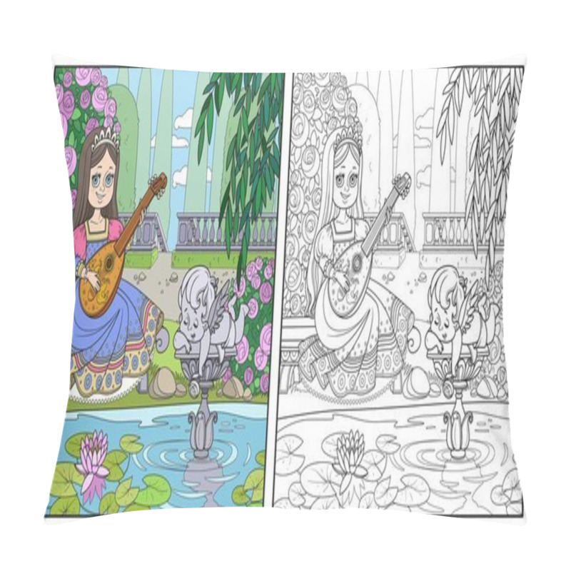 Personality  Beautiful Princess Plays The Lute In The Palace Park Near The Pond With A Sculpture Of Cupid Color And Outlined Picture For Coloring Book On White Background Pillow Covers