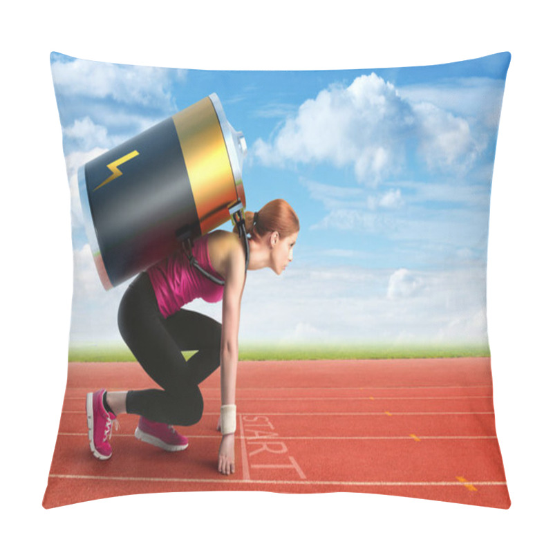 Personality  Woman Preparing To Run With A Battery On Her Back Pillow Covers