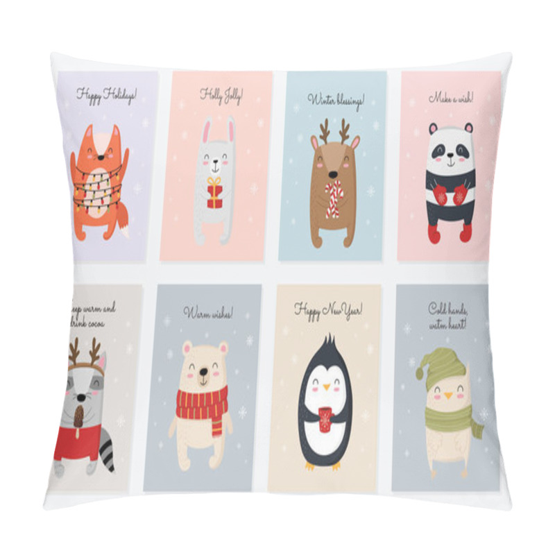 Personality  Vector Collection Of Cards With Hand Drawing Cute Winter Animals Pillow Covers