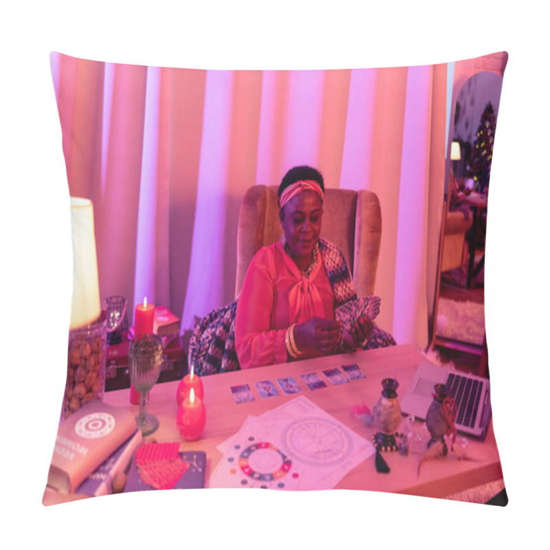 Personality  African American Plump Fortune-teller In Ethnic Adornments Reading Cards Tarot Pillow Covers