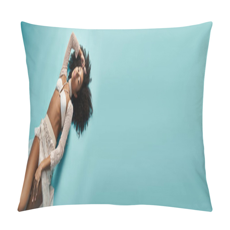 Personality  African American Woman In Trendy Swimsuit Relaxes On Blue Background. Pillow Covers