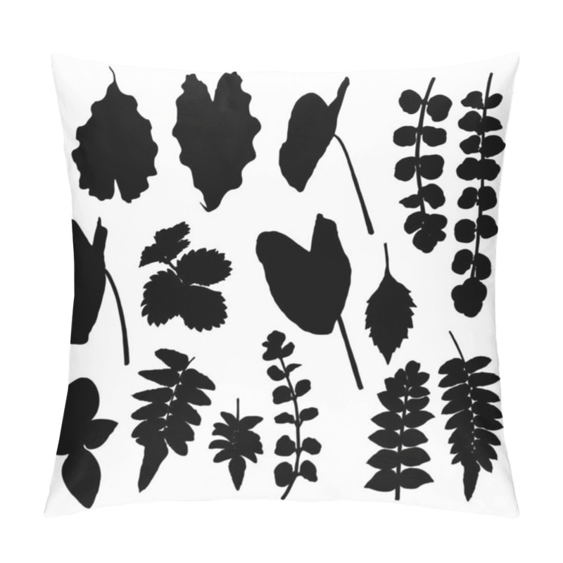 Personality  Various Tropical Jungle Leaves Set In Black. Isolated Palm Tree Branches And Herbs Leaf Or Foliage Silhouette. Vector. Pillow Covers