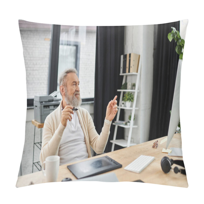 Personality  A Mature Man In Comfy Clothes Is Discussing Ideas At A Stylish Workstation. Pillow Covers