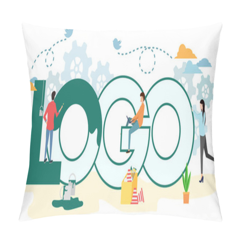 Personality  Logo Creation Process. A Group Of People Are Working On The Logo. Vector Illustration Branding Design Process. Separate Objects. Pillow Covers