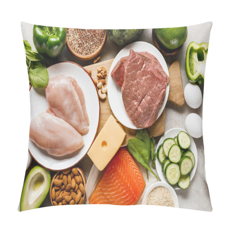 Personality  Top View Of Raw Organic Ketogenic Diet Ingredients On Wooden Chopping Board On Grey Background With Copy Space Pillow Covers