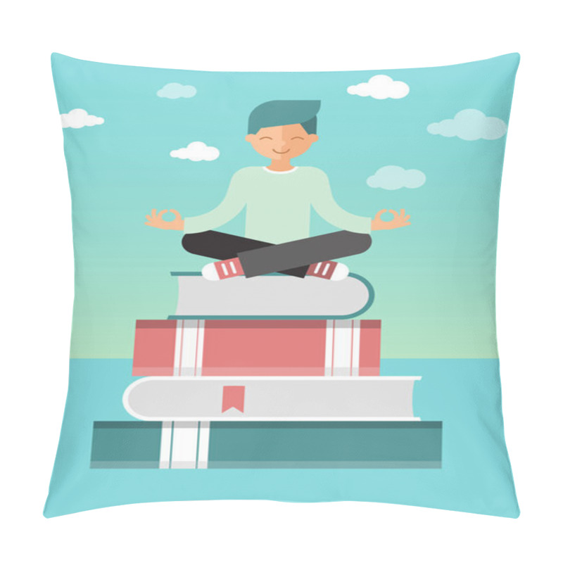 Personality  Man Sitting Lotus Pose On Stack Of Books With Bookmarks. Self Education And Self Control Vector Illustration. Educational Process. Pillow Covers