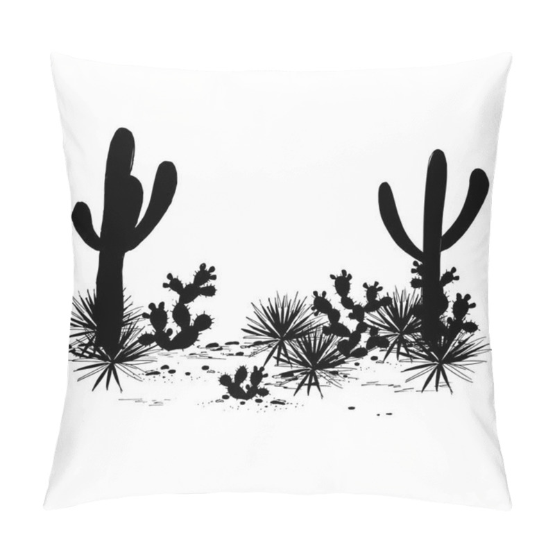 Personality  Cacti Landscape. Vector Silhouettes Of, Saguaro, Prickly Pear, And Agave. Black And White Banner, Place For Text. Mexican Background Pillow Covers