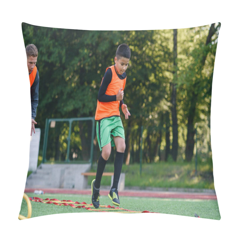 Personality  Experienced Football Coach Watches His Pupil Perform Running Exercises With Overcoming Obstacles At Soccer Stadium. Pillow Covers