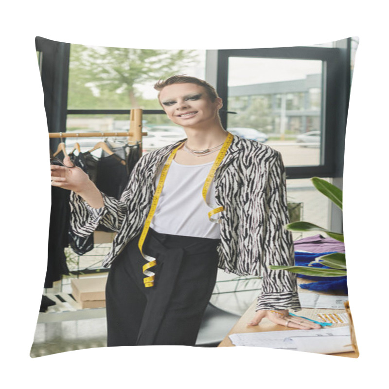 Personality  A Fashion Designer Radiates Creativity In A Chic Studio, Skillfully Crafting Bold Designs And Vibrant Styles. Pillow Covers