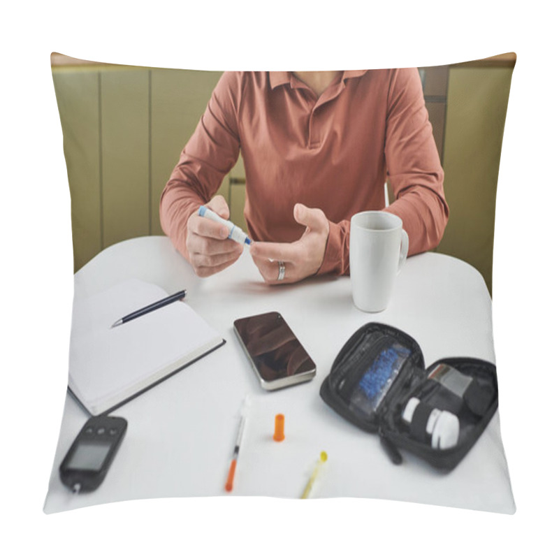 Personality  A Young Man Monitors His Blood Sugar While Enjoying Daily Life At Home, Demonstrating Resilience. Pillow Covers