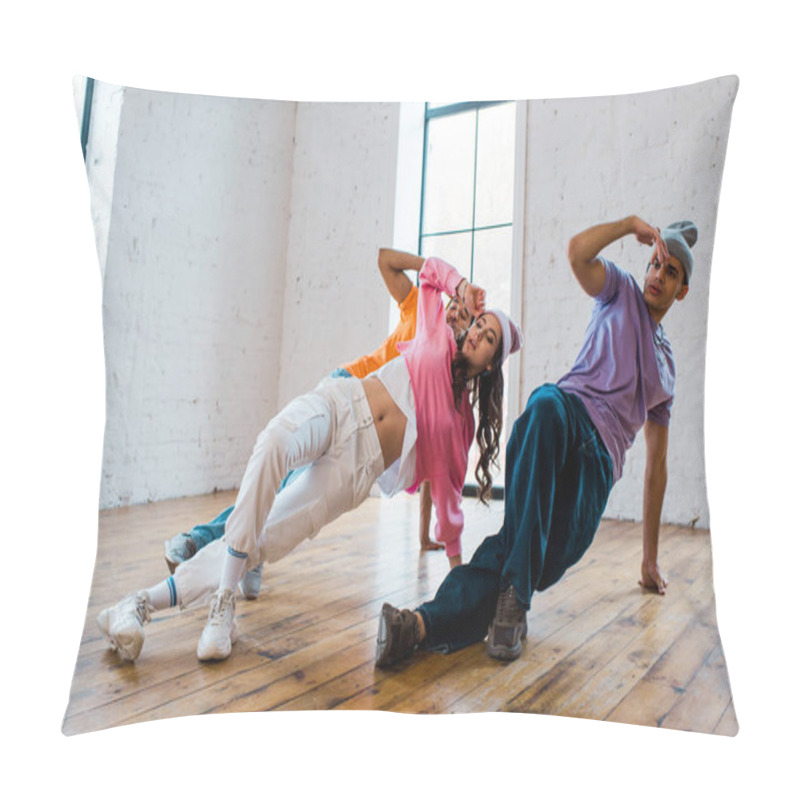 Personality  Stylish Multicultural Men Breakdancing With Pretty Woman  Pillow Covers