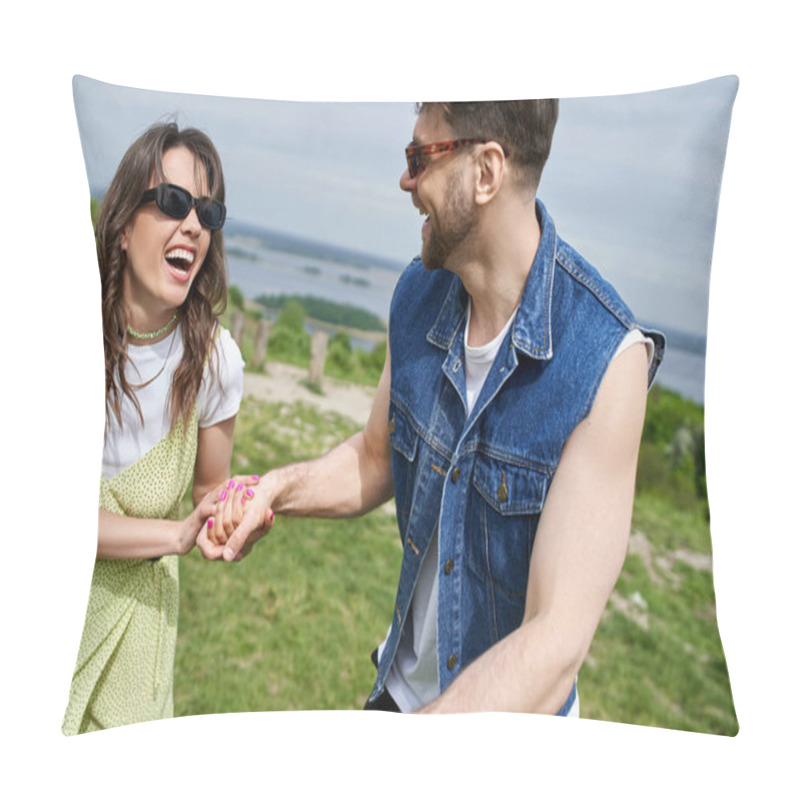 Personality  Cheerful Brunette Woman In Trendy Summer Outfit And Sunglasses Holding Hand Of Boyfriend In Denim Vest While Spending Time In Blurred Rural Setting At Background, Countryside Leisurely Stroll Pillow Covers