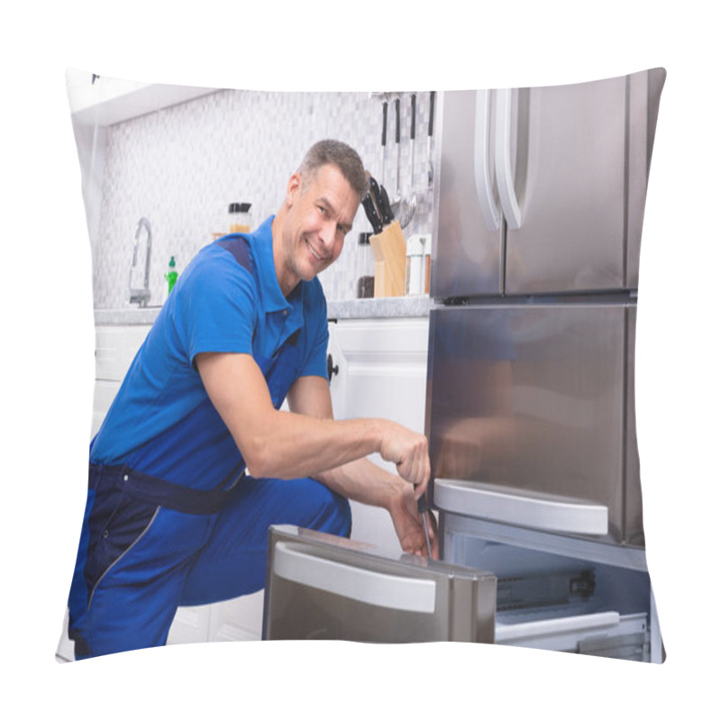 Personality  Mature Male Serviceman Repairing Refrigerator With Toolbox In  Kitchen Pillow Covers