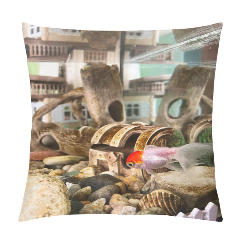 Personality  A Lively Goldfish Swims Near A Small Treasure Chest And Rocks In A Detailed Aquarium Setting, Featuring Elements Like Driftwood And Decorative Backgrounds, Creating An Underwater Fantasy World. Pillow Covers