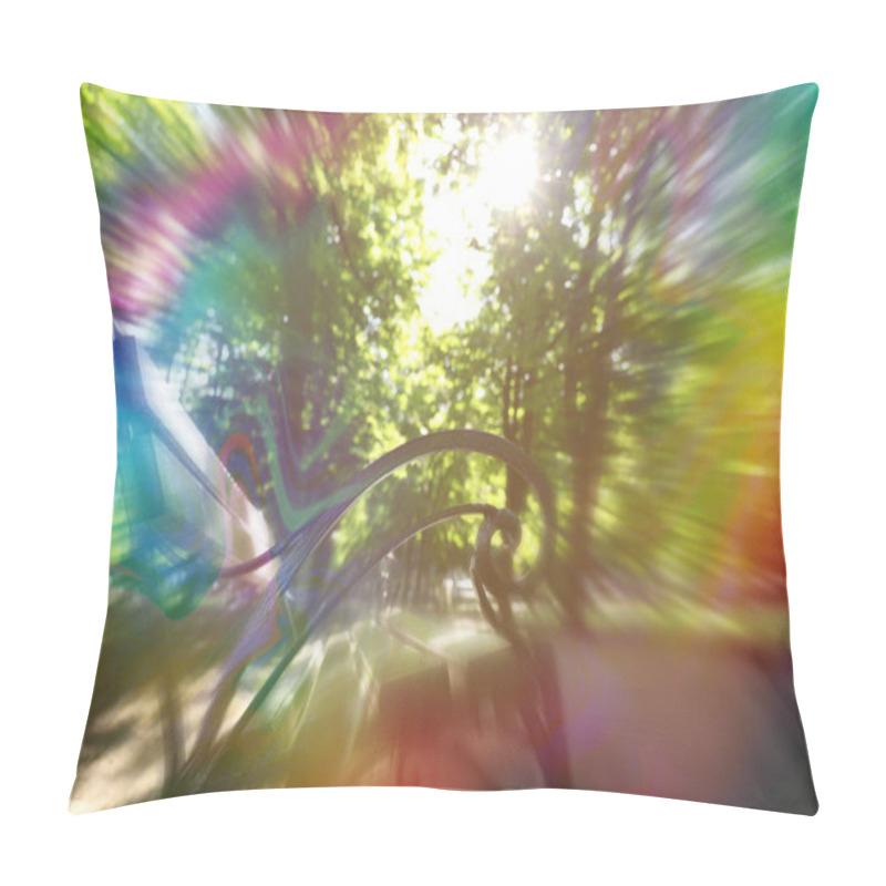 Personality  View Of Bench In Park And Flashing Lights Effect. Migraine Aura, Symptom Of Disease Pillow Covers