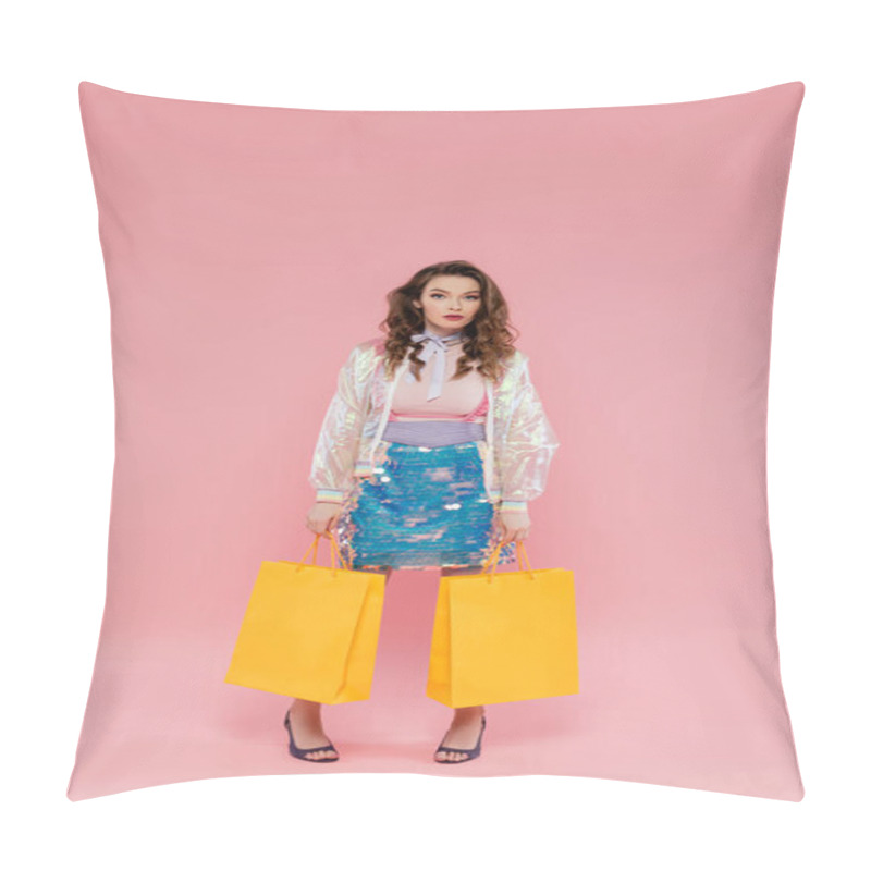 Personality  Attractive Woman Carrying Shopping Bags On Pink Background, Concept Photography, Consumerism, Stylish Outfit, Young Model In Skirt With Sequins And Transparent Jacket Looking At Camera Pillow Covers