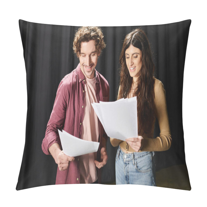 Personality  A Man And Woman Holding Papers In Front Of A Black Curtain. Pillow Covers