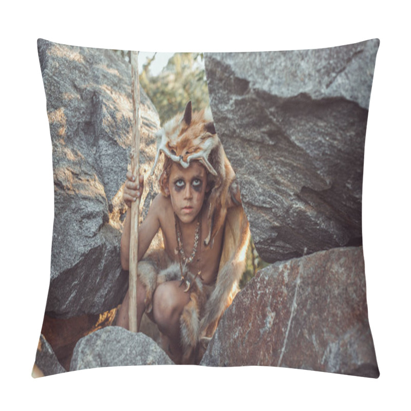 Personality  Caveman, Manly Boy Hunting Outdoors. Ancient Warrior Portrait. Pillow Covers