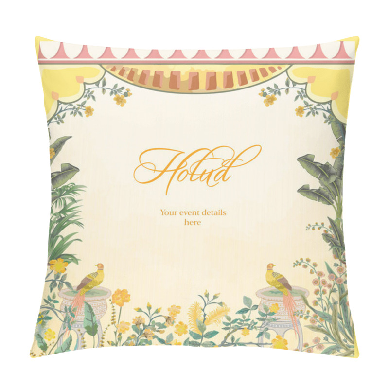 Personality  Floral Holud Invitation Card Design With Birds And Banana Leaves. Pillow Covers