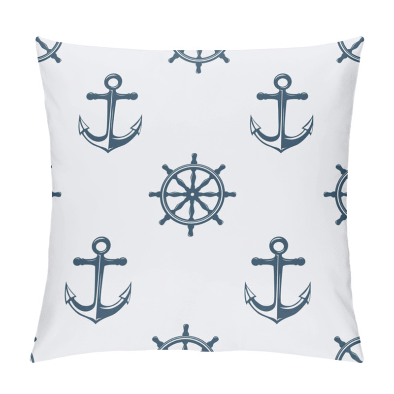 Personality  Vector Seamless Pattern With Hand Drawn Ship Helms And Anchors. Design Template For Textile, Fabric, Apparel, Wallpapers. Blue Anchor And Helm, Steering Wheel On White. Antique Vintage Marine Symbols. Pillow Covers