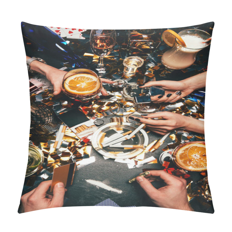 Personality  Cropped Image Of Man With Credit Card And Rolled Banknote Going To Sniff Cocaine While His Female Friends Celebrating With Alcohol And Cigarettes At Table Covered By Golden Confetti  Pillow Covers