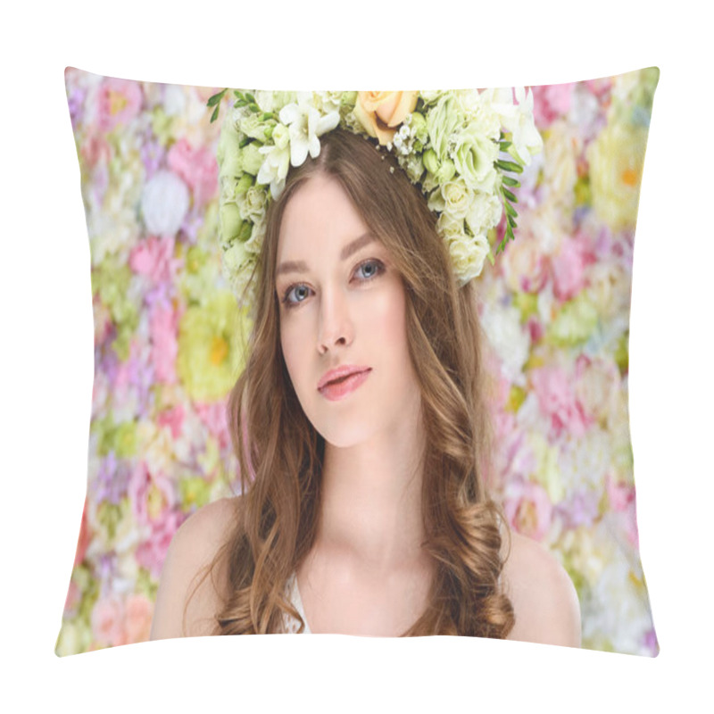 Personality  Close-up Portrait Of Attractive Young Woman In Floral Wreath Pillow Covers