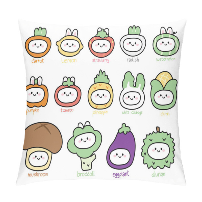 Personality  Set Of Cute Head Rabbit In Fruit And Vegetable Cartoon.Funny Animal Character Design Collection.Kid Graphic.Kawaii.Vector.Illustration. Pillow Covers