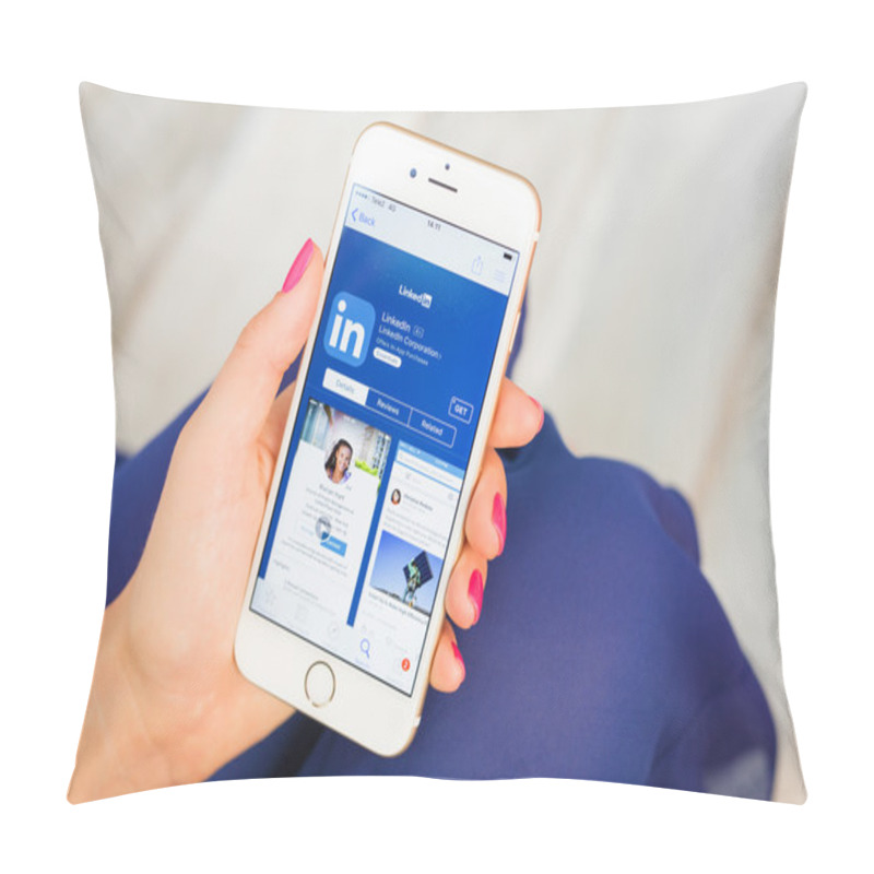 Personality  RIGA, LATVIA - SEPTEMBER 8, 2016: LinkedIn App On App Store. LinkedIn Is A Business And Employment-oriented Social Networking Service. Pillow Covers